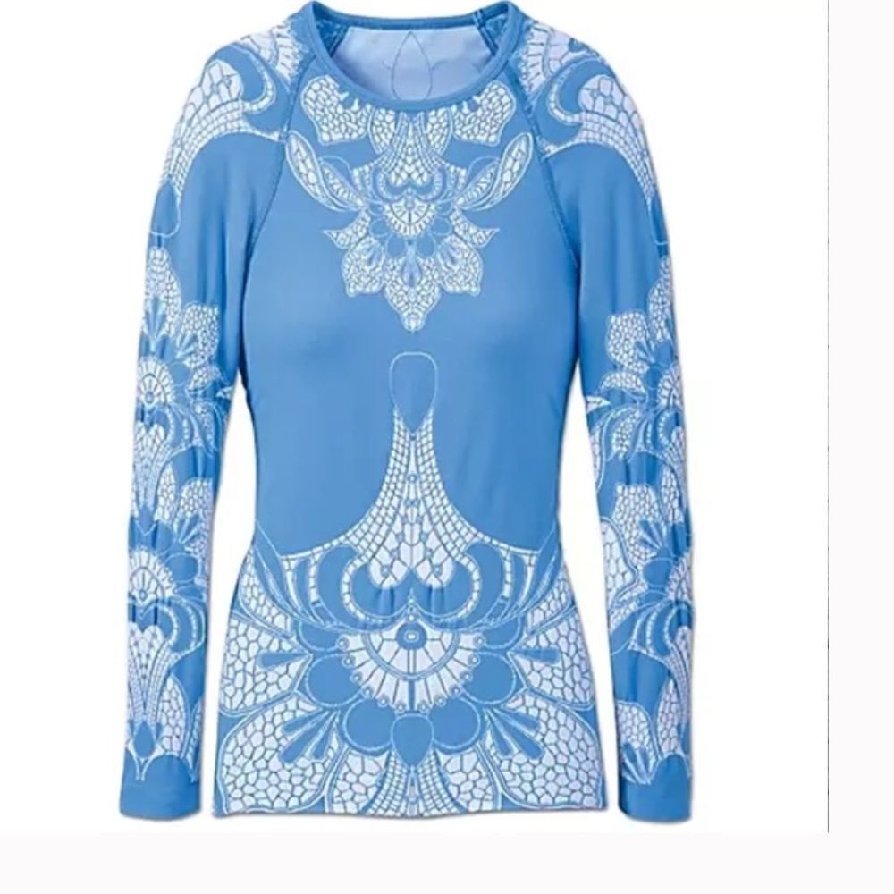 Athleta Blue White Tattoo Twist Seamless Top Medium M